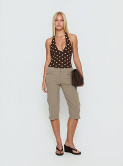 back view of model wearing Princess Polly Someone New Halter Bodysuit Chocolate Polka Sleeveless 