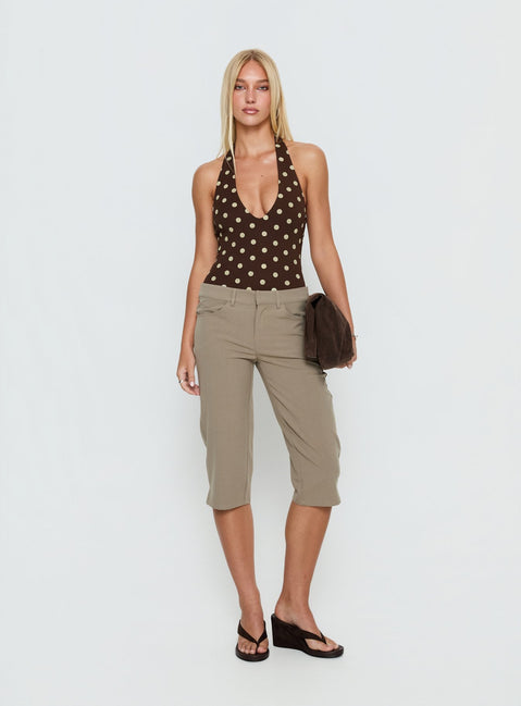 back view of model wearing Princess Polly Someone New Halter Bodysuit Chocolate Polka Sleeveless 