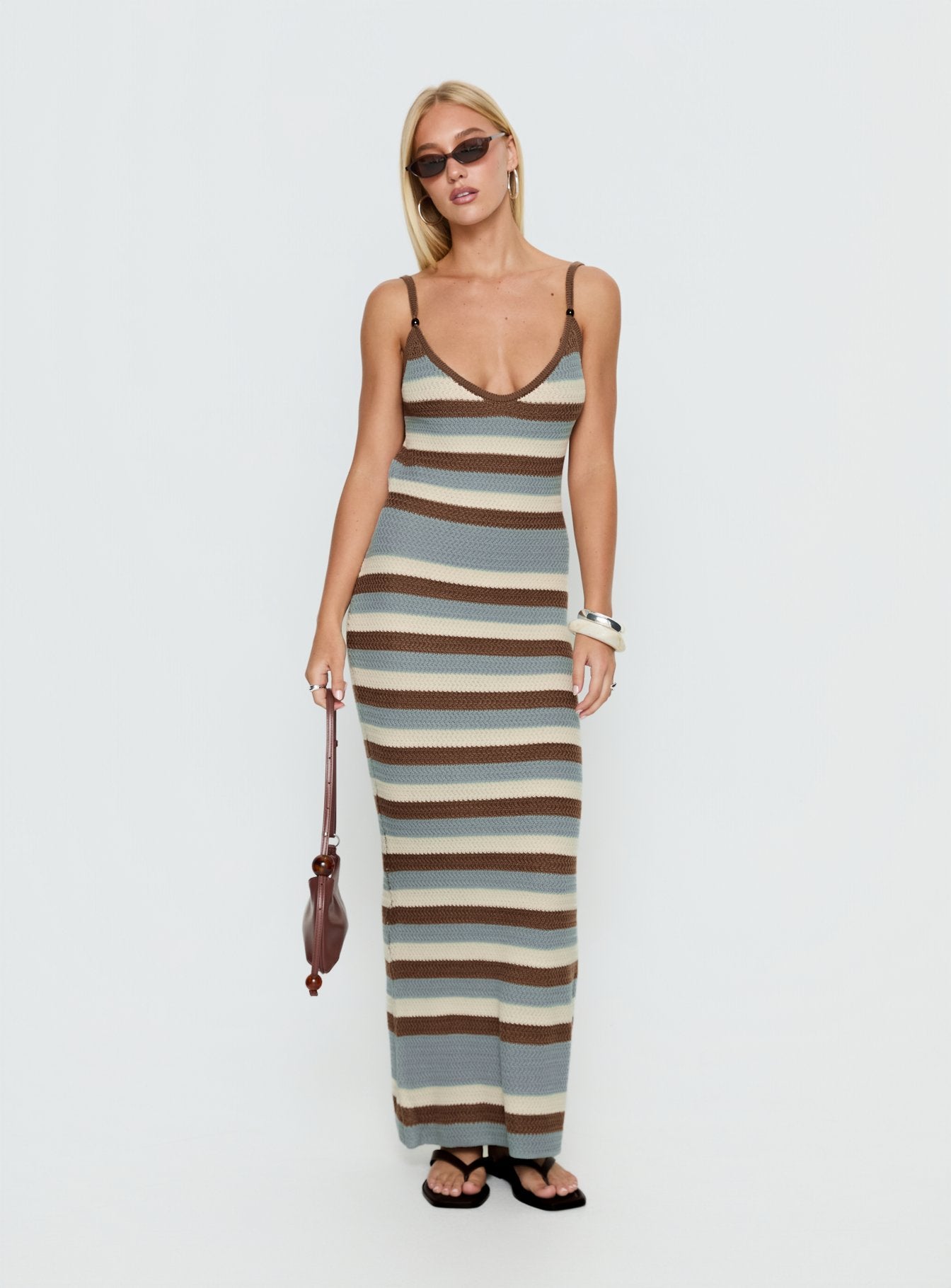 Leylana Scoop Knitted Maxi Dress Blue / Brown Stripe | Princess Polly Leylana Scoop Knitted Maxi Dress Blue / Brown Stripe | Princess Polly