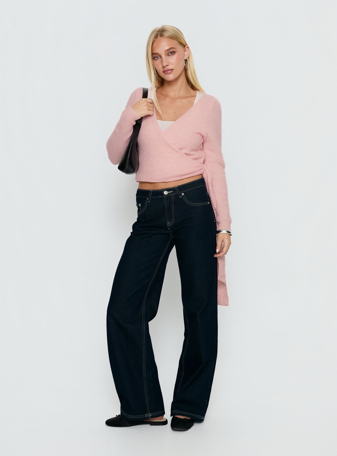front view of model wearing Princess Polly Tonee Wrap Knit Cardigan Pink cropped 