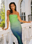 front view of model wearing Princess Polly Stolen Love Strapless Maxi Dress Blue / Green Ombre Straight Neck 