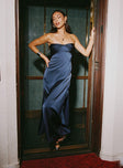 Front view of model wearing  front Princess Polly High Neck  Irena Strapless Maxi Dress Navy