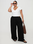 front view of model wearing Princess Polly Louis Linen Blend Pants Black Curve High Waisted Pants 