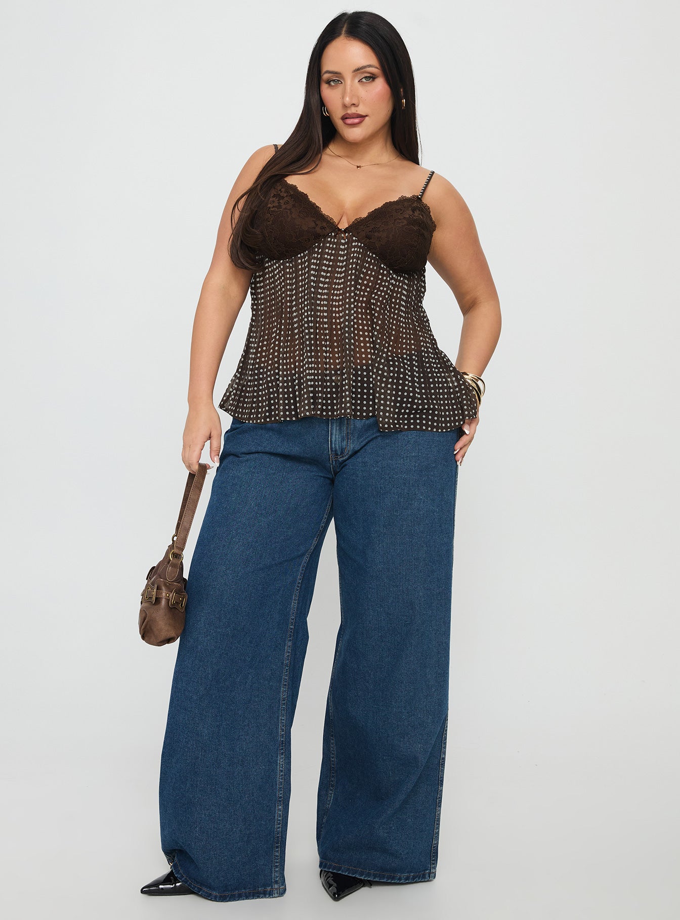 Zami Pleat Top Brown Polka Curve | Princess Polly