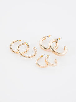 Gold-toned earring pack Set of 3 pairs, hoop design, stud fastening