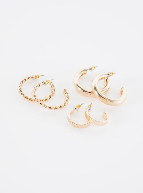 Gold-toned earring pack Set of 3 pairs, hoop design, stud fastening