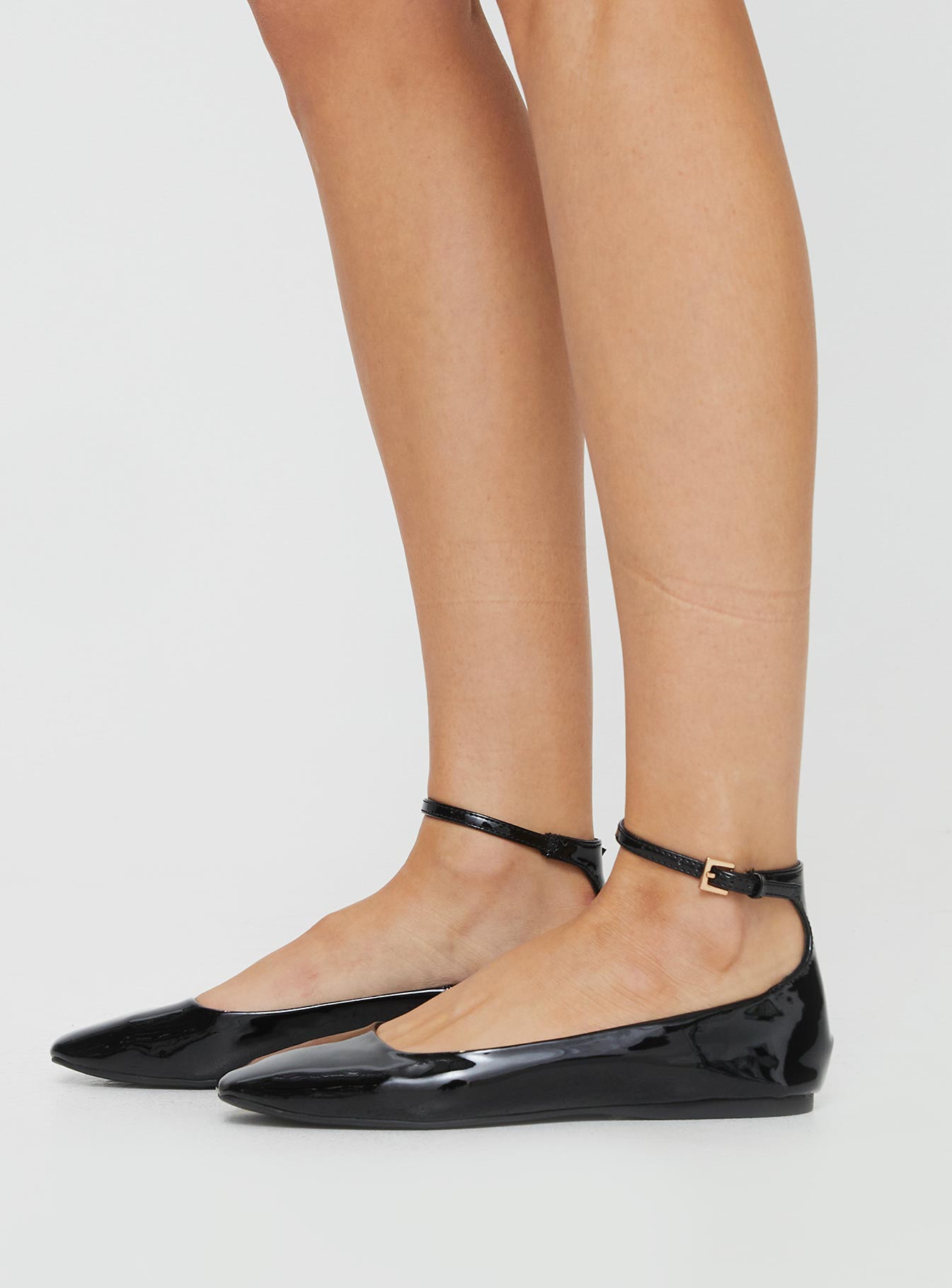 Faux leather ballet flats Single ankle strap with buckle fastening, square toe, padded footbed