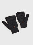 Black Fingerless Gloves Knit material, fingerless except for the thumb, button fastening to fold over as mitten
