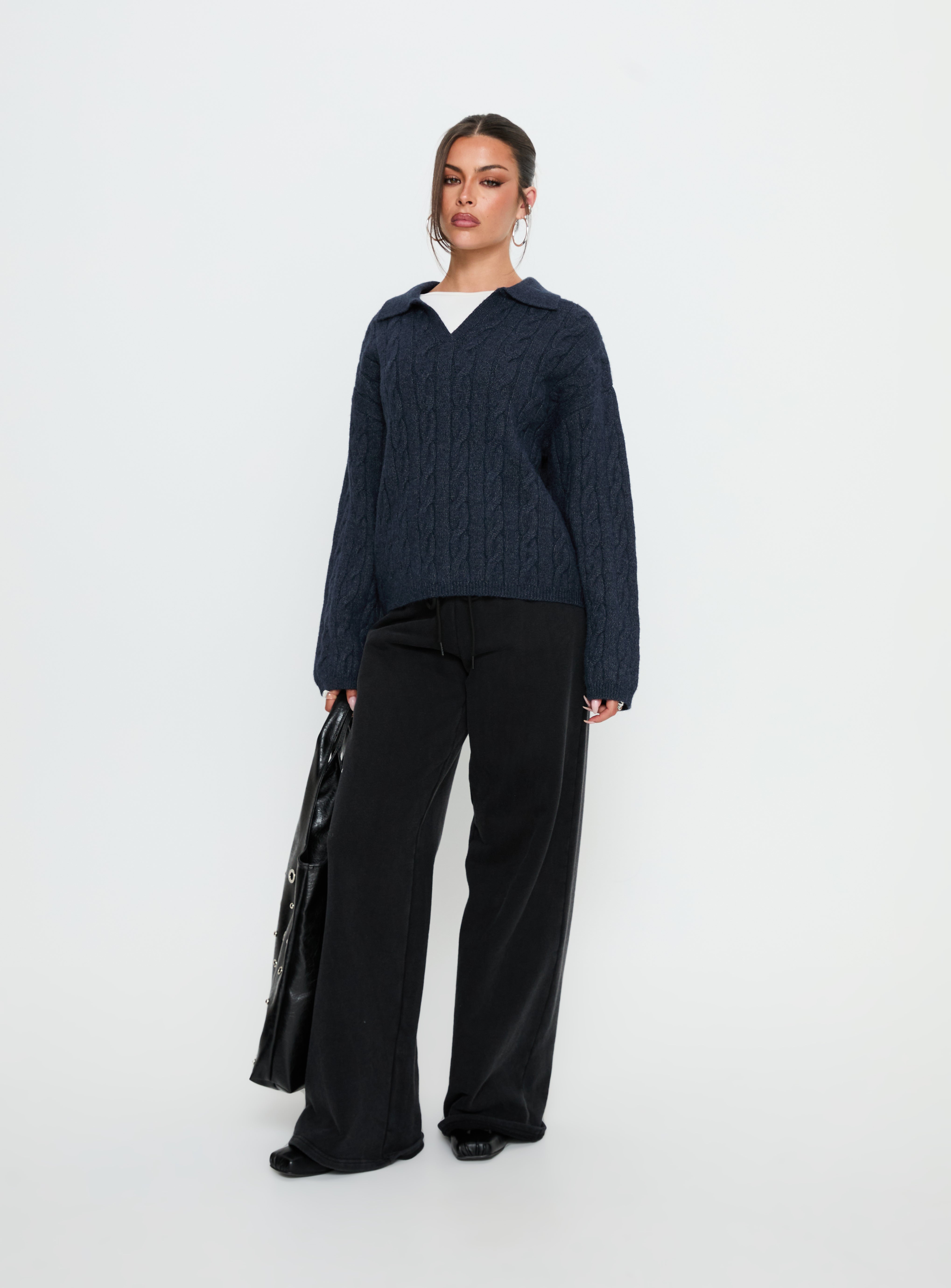 Brodey Collared Cable Knit Sweater Navy | Princess Polly