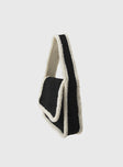 Shearling bag  Fixed shoulder strap, faux suede-like material, flat base