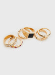 Gold-toned ring pack Pack of six, chunky style, gemstone & diamante detail, lightweight