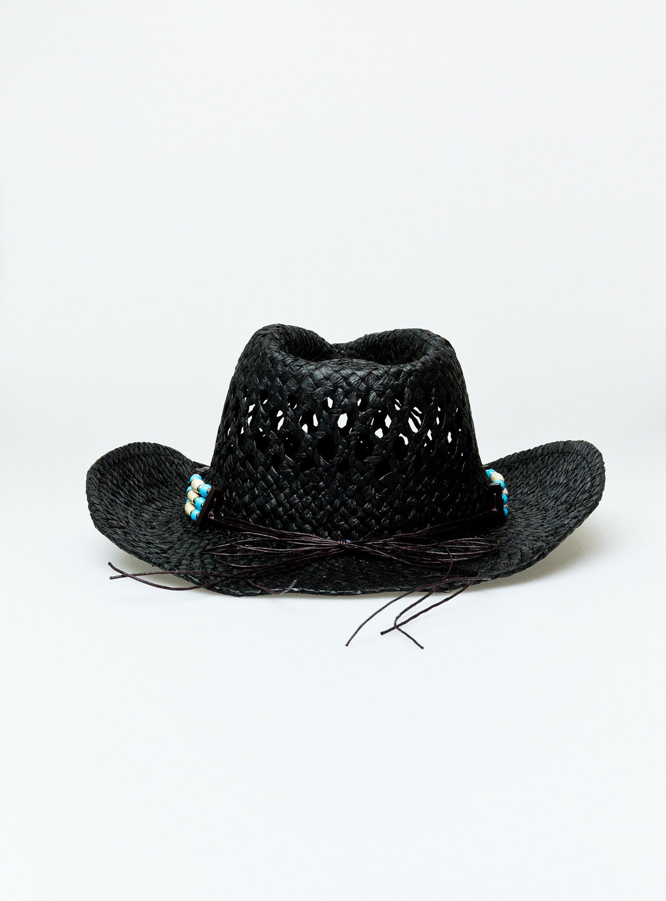 Cowboy hat Woven straw Curved wide brim  Internal adjustable drawstring Mouldable brim shape Bead detail