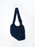 Dark wash denim crossbody bag Fixed shoulder strap, zip fastening, external pocket