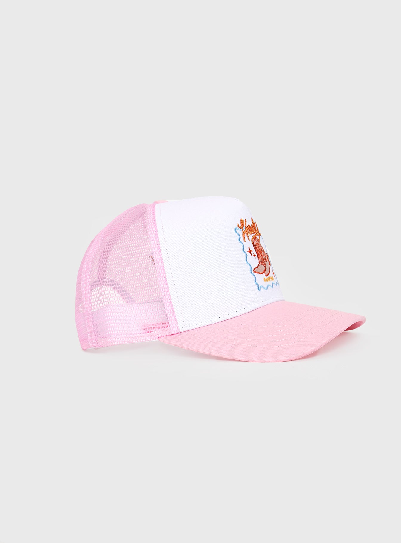 Graphic trucker hat Mesh back panels, snap back fastening 