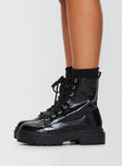 Faux croc leather combat boots Rounded toe, lace up fastening, treaded sole, pull tab at back