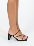 Heels Faux leather material Strappy upper Toe ring Mid sculptural block heel Open square toe Slip-on design