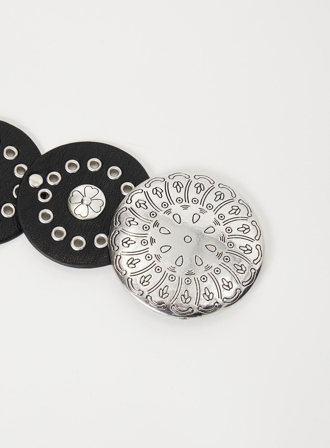 Faux leather belt Gunmetal hardware round buckle, grommets detail, adjustable length