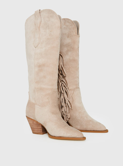 Billini Ardie Faux Suede Tassel Cowboy Boots Light Beige