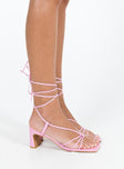 Pink heels Faux leather material Strappy upper Shaved block heel Square toe Ankle wrap fastening