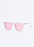 Sunglasses Rounded frame Lightweight design Pink tinted lenses Moulded nose bridge Metal arms