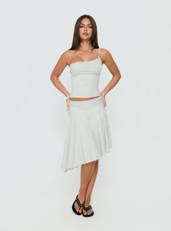 Showcasing the Mimmi Asymmetrical Midi Skirt Grey womens-skirts with ruched fitted design and frayed hem Princess Polly