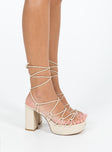 Heels Faux leather material Strappy upper Shaved block heel Square toe Ankle wrap fastening