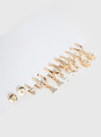 Gold-toned earring pack Pack of six pairs, stud fastening, hoop and stud design, drop charms