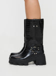 Black Faux croc leather knee-high boots Slip-on design, silver-toned buckles, rounded toe, treaded sole, padded footbedBlack Faux croc leather knee-high boots Slip-on design, silver-toned buckles, rounded toe, treaded sole, padded footbed