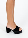 Heels Velvet like material Wide strap upper Block heel Platform base