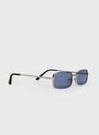 Rectangular sunglasses Silver-toned metal frame, blue-tinted lens, silicone nose pads