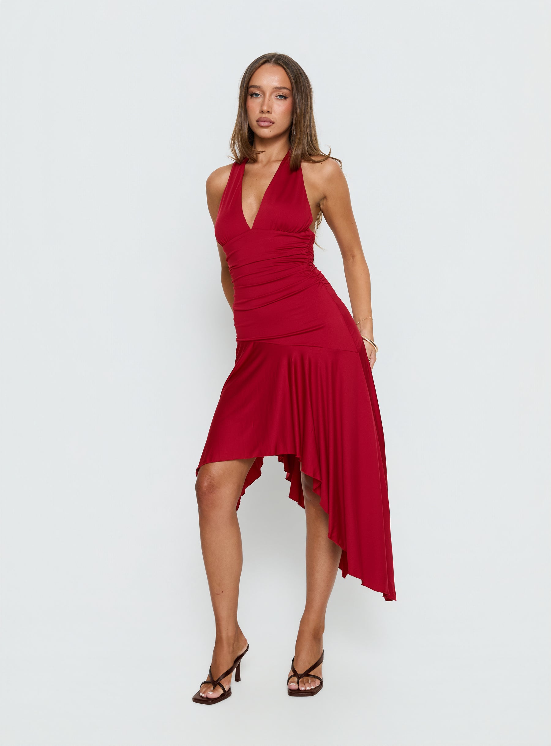 Emara Halter Asymmetrical Midi Dress Red | Princess Polly Emara Halter Asymmetrical Midi Dress Red | Princess Polly