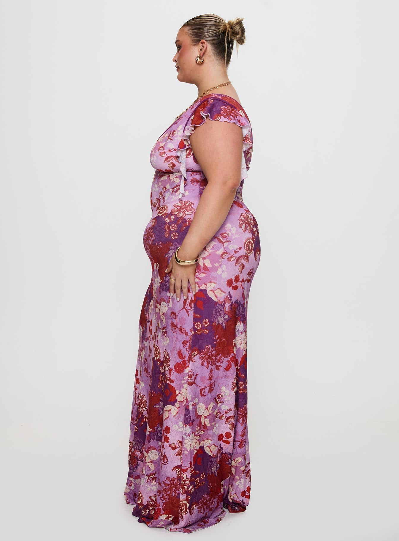 side view of model wearing Princess Polly Soleila Maxi Dress Purple Multi Curve Plunger 