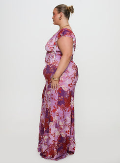 side view of model wearing Princess Polly Soleila Maxi Dress Purple Multi Curve Plunger 