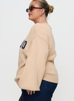 side view of model wearing Princess Polly Jadynn Off Shoulder Knit Sweater Cream Curve 