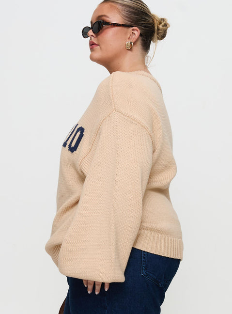 side view of model wearing Princess Polly Jadynn Off Shoulder Knit Sweater Cream Curve 