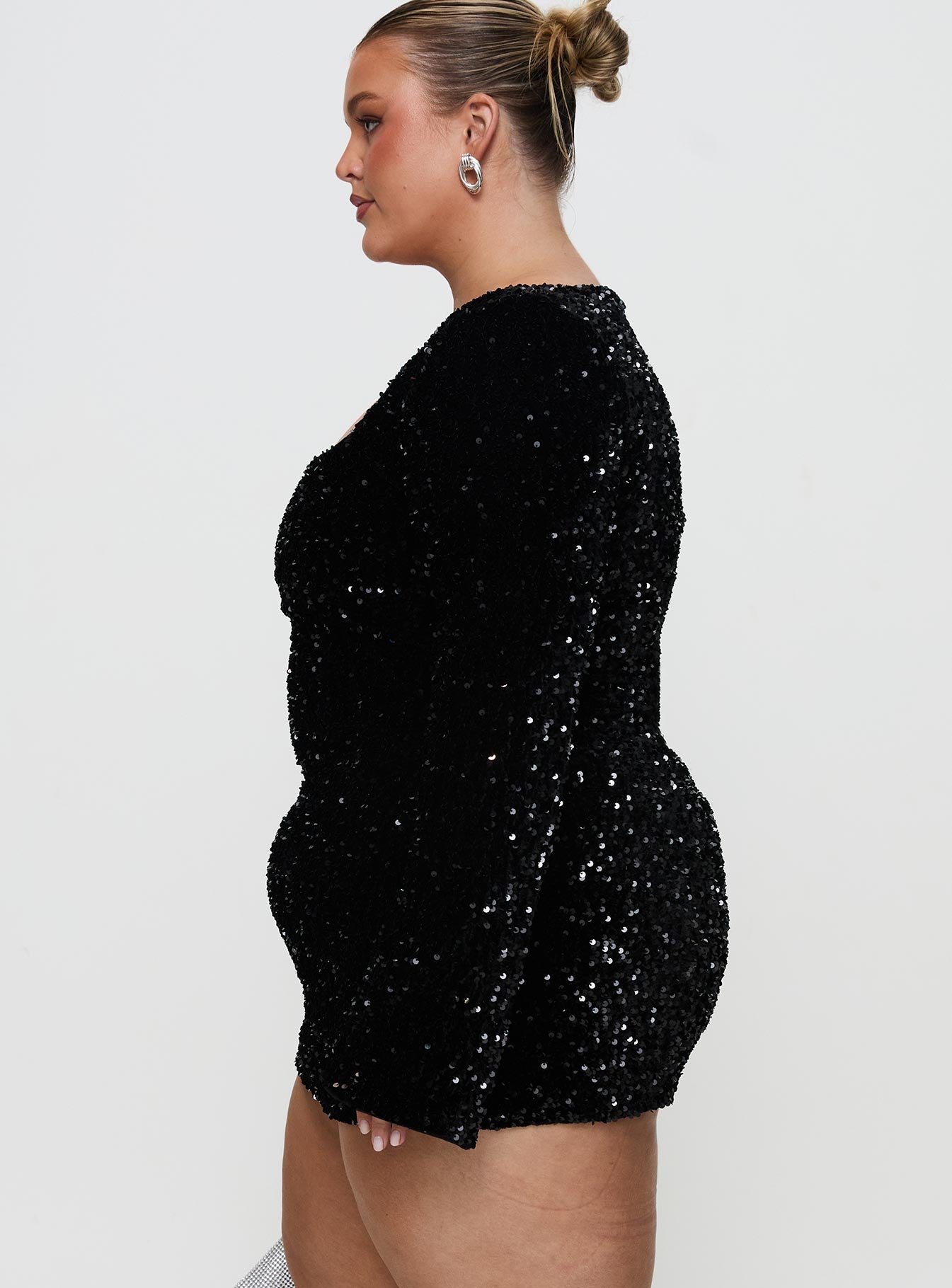 side view of model wearing Princess Polly Vinelle Long Sleeve Mini Dress Black Curve Square Neck 