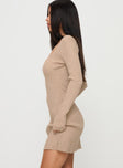 side view of model wearing Princess Polly Halycon Knit Mini Dress Oatmeal Scoop Neck 