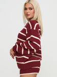 side view of model wearing Princess Polly Read Your Mind Knit Sweater Maroon Stripe 