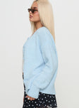 side view of model wearing Princess Polly Coronado Boucle Knit Cardigan Blue Long 