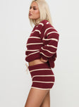 side view of model wearing Princess Polly Read Your Mind Knit Short Maroon Stripe High Waisted Shorts 