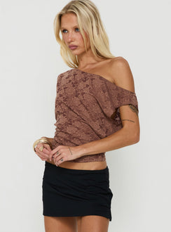 Orvielle Lace Off Shoulder Top Brown