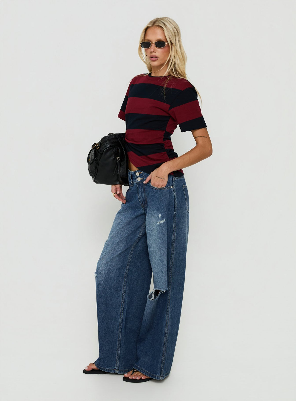 Ramos Low Rise Double Button Distressed Wide Leg Jeans Mid Blue