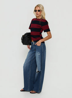 Ramos Low Rise Double Button Distressed Wide Leg Jeans Mid Blue