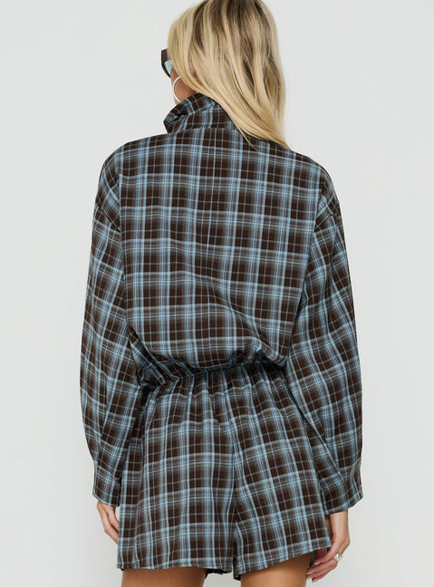 Lunna Funnel Neck Jacket Blue / Brown Check