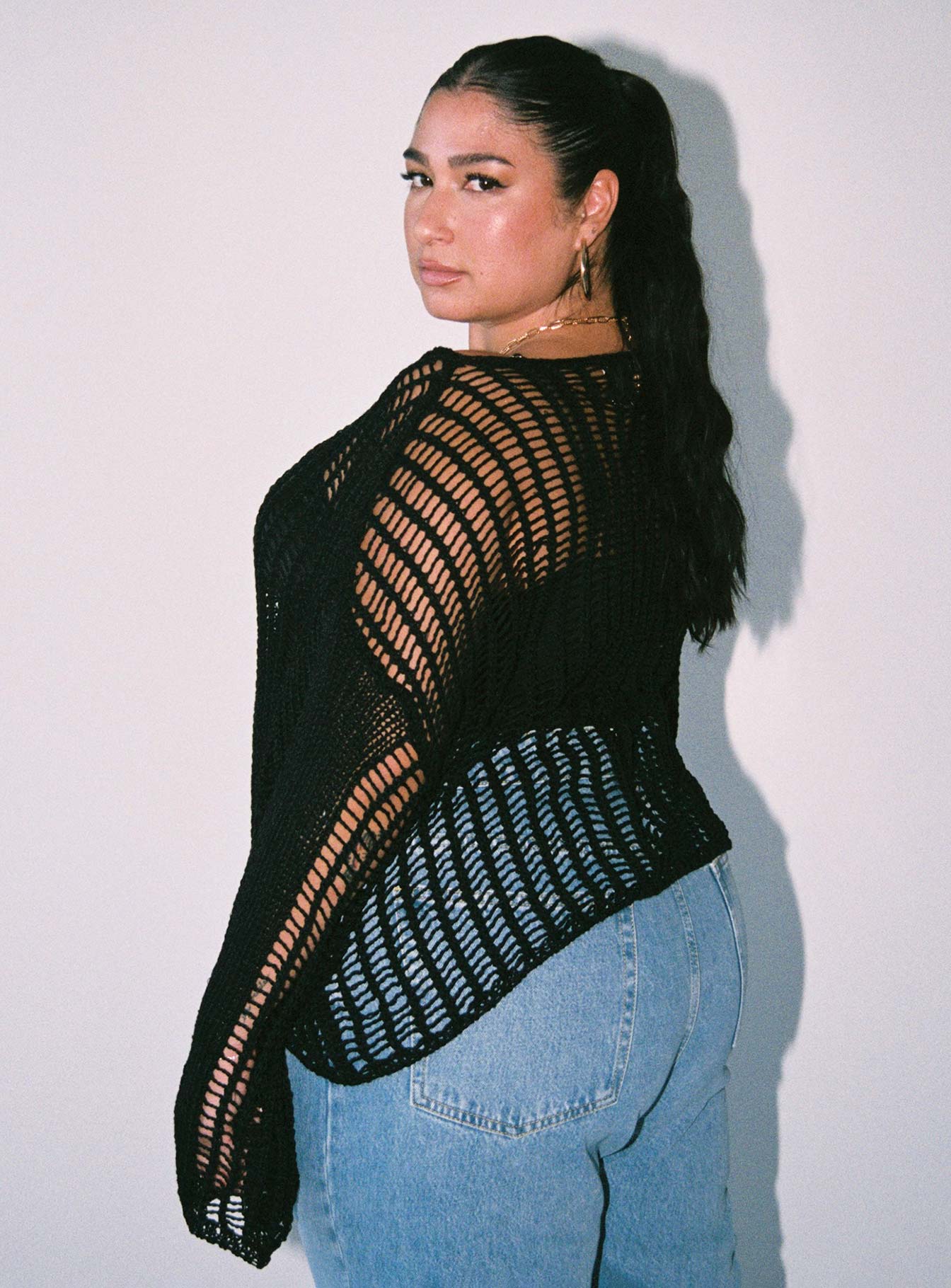 side view of model wearing Princess Polly The Kennedy Sweater Black Curve Lower Impact regular 