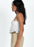 Strapless top Pleated bust Frill hem Shirred band at back