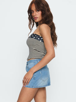   side view of model wearing Princess Polly Cailin Denim Mini Skirt Light Blue Wash 