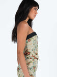 Strapless top Tapestry print Folded neckline Zip fastening at back Boning through front Pointed hem Good stretch Fully lined 