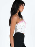 Strapless top Floral print Lace trim  Tie fastening at bust Invisible zip fastening at side