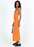 Orange maxi dress Sheer knit material Can be worn with tie at front or back Thick shoulder straps Tie fastening Unlined